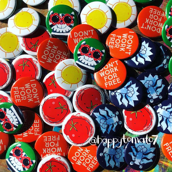 Fun quirky button badges by Jo Brown happytomato7- single badge, you choose.