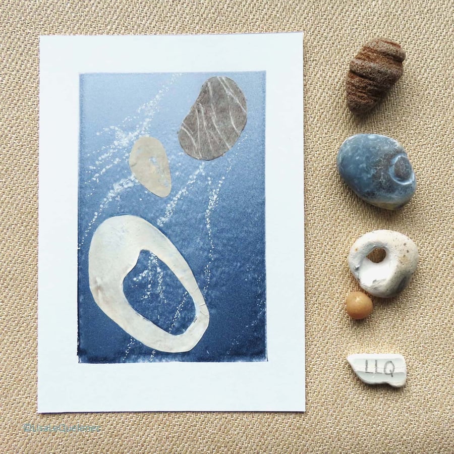 Monoprint with mixed media submerged pebbles semi abstract minimalist art