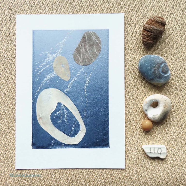 Monoprint with mixed media submerged pebbles semi abstract minimalist art