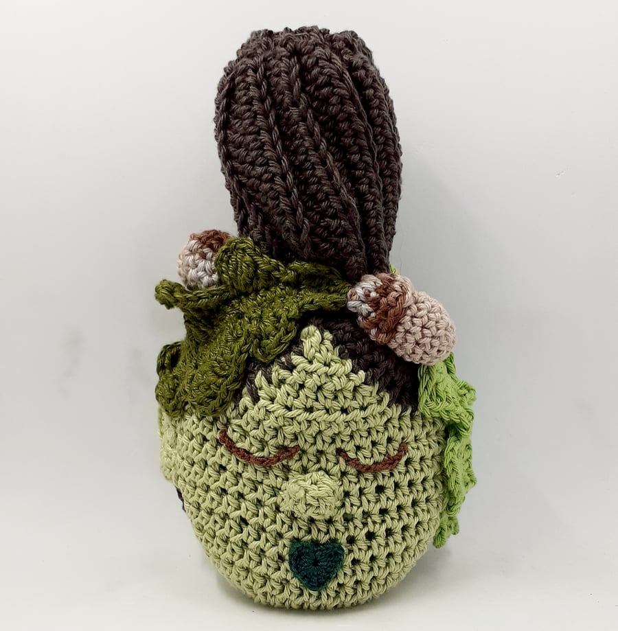 Crochet Covered Mini  Bottle 'Head Vase'.  Green Woman