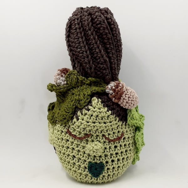 Crochet Covered Mini  Bottle 'Head Vase'.  Green Woman