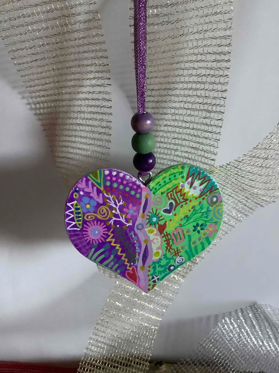 Hand painted doodled wooden heart