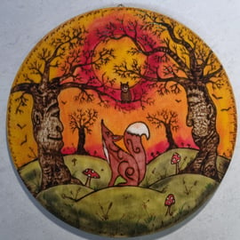 Beautiful Fox, trees sunset Fairytale mushroom, fox lovers wall hanging 30cm