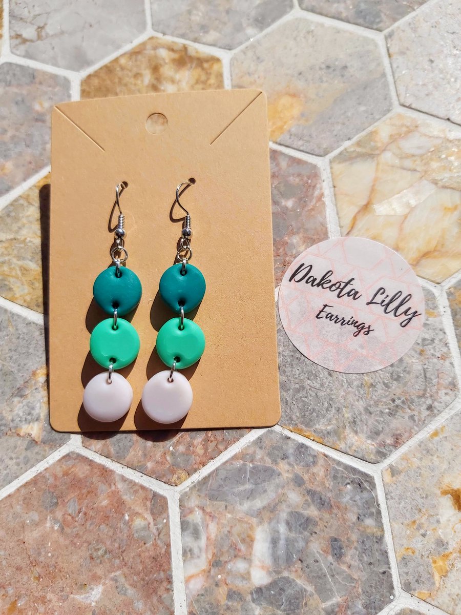 Green and White triple drop, polymer clay earrings