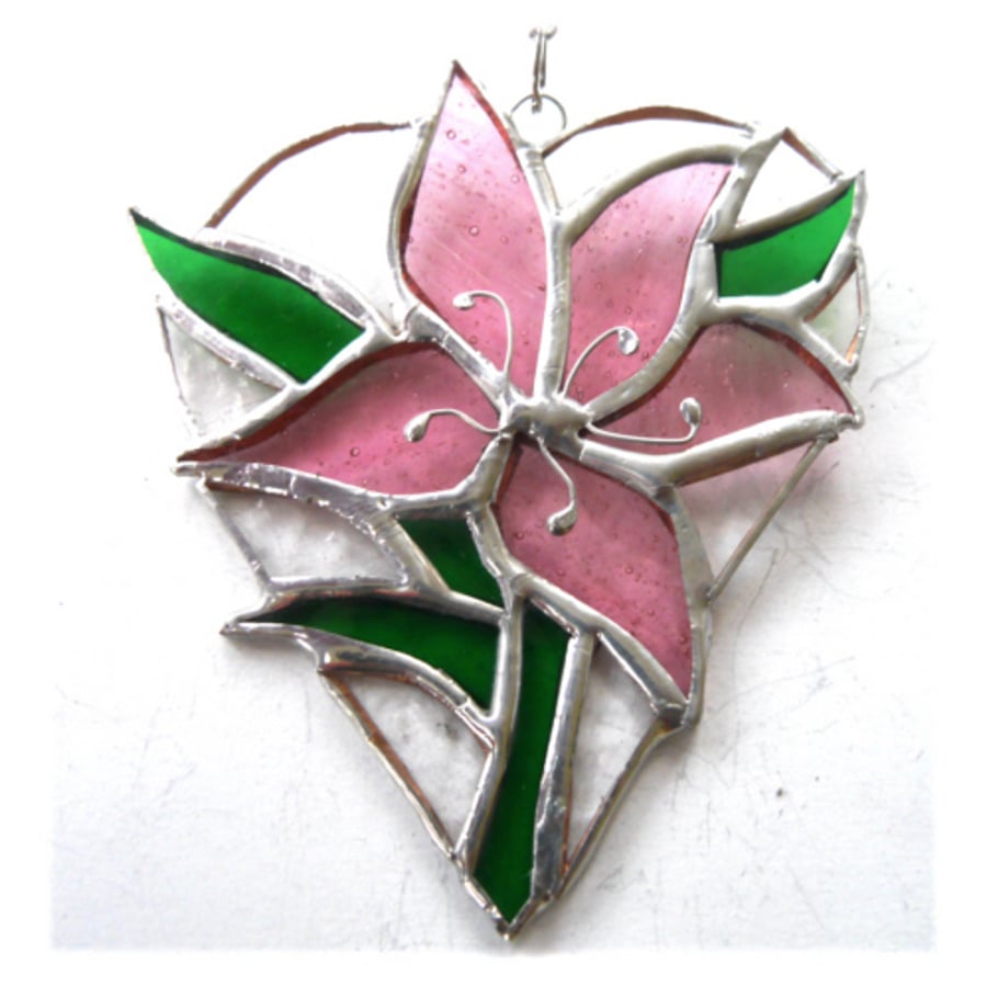 SOLD 230331 Lily Heart Suncatcher Stained Glass 017 Pink
