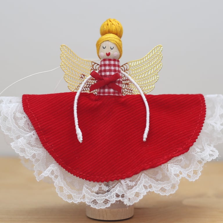 'Red dress fabric & Gingham' Handmade Peg Doll (Golden hair)