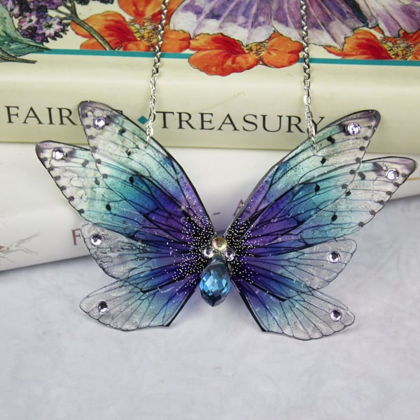Enchanting Midnight Water Purple Sparkle Cicada Fairy Wing Butterfly Necklace 