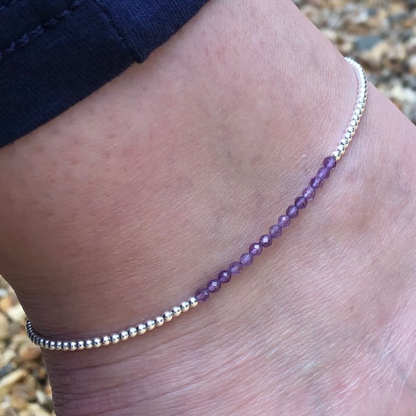 Sterling silver and amethyst beaded anklet