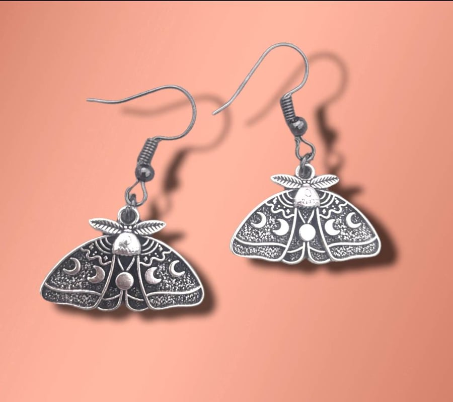 Luna Moth Dangle earrings with moon phase wings