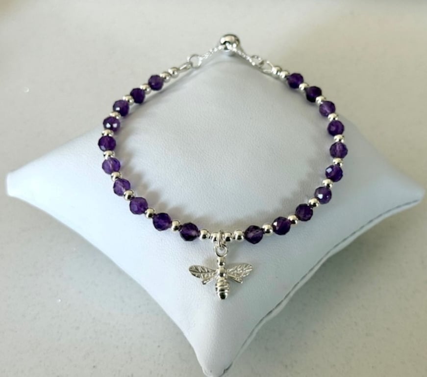 Amethyst & Silver Bee Charm Bracelet, Faceted Gemstone with Adjustable Clasp