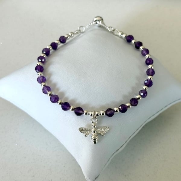 Amethyst & Silver Bee Charm Bracelet, Faceted Gemstone with Adjustable Clasp