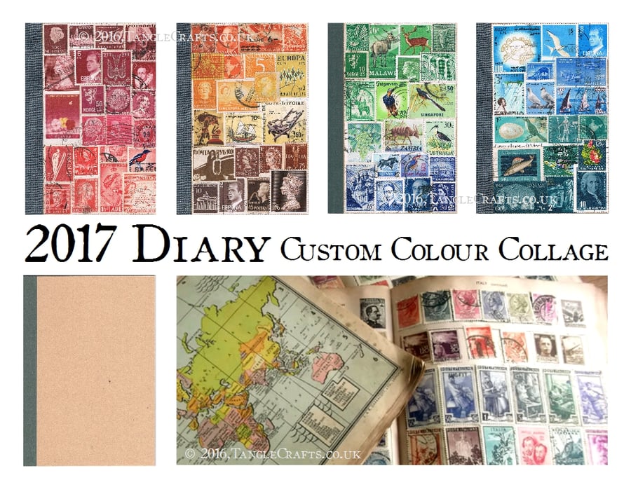 2017 Diary, A6 Month Planner - Upcycled postage stamp collage art