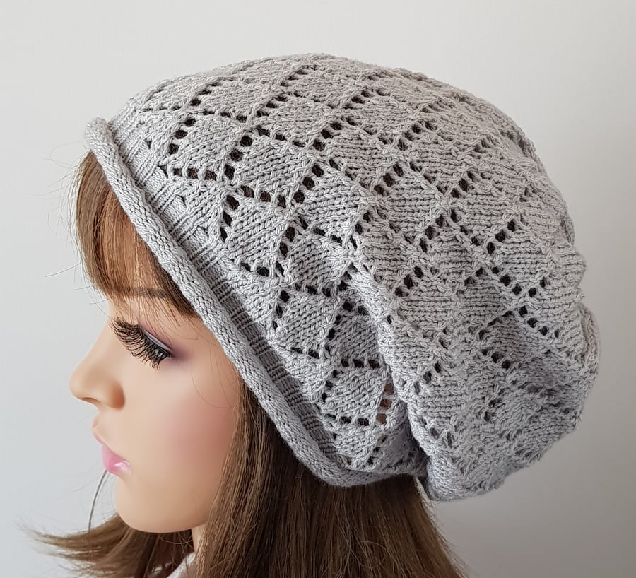 Handmade light grey lace hat for women, lightweight acrylic lace beret