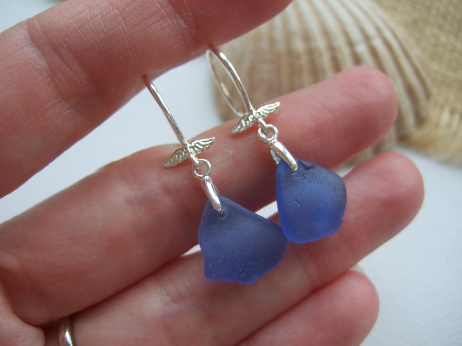Scottish Light Blue Sea Glass Earrings, Angel Wing Design Sterling Silver 
