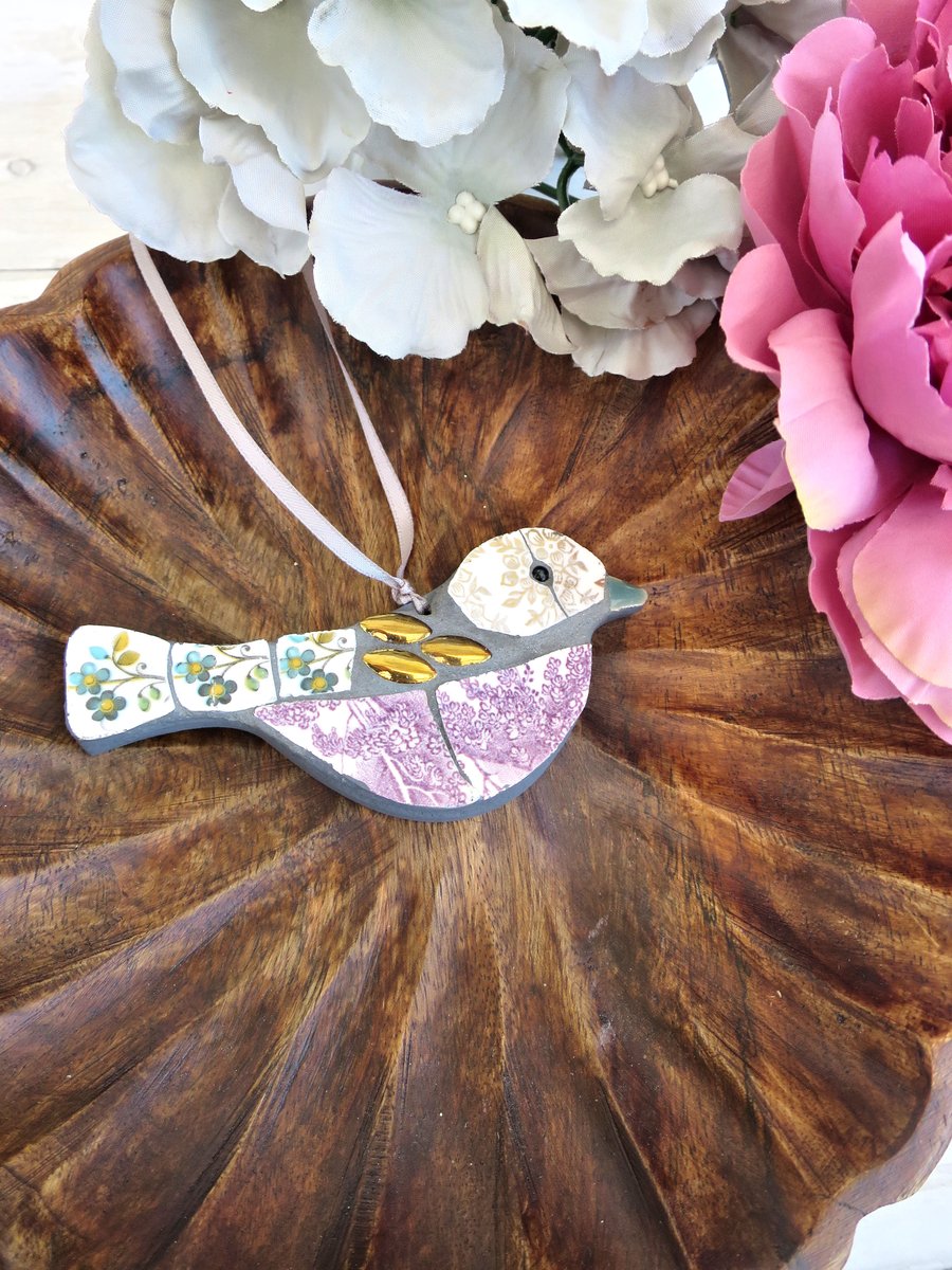 Mosaic Bird Ornament, Stocking Filler Gift, Vintage China Wall Art