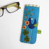 Turquoise felt glasses case with bird and hollyhock embroidery