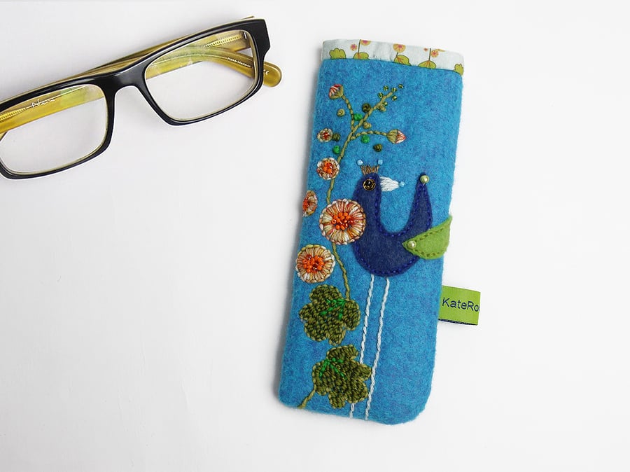 Turquoise felt glasses case with bird and hollyhock embroidery