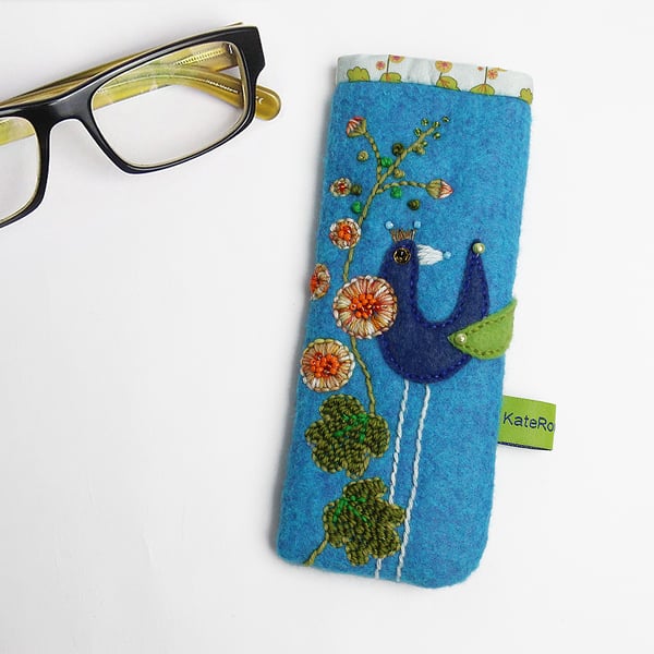 Turquoise felt glasses case with bird and hollyhock embroidery