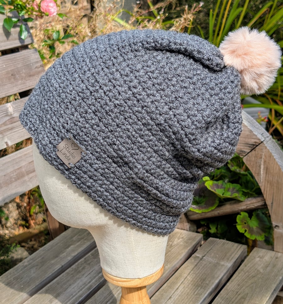 Crochet Slouch Beanie Hat (Grey)