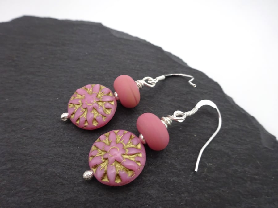 pink lampwork glass dahlia flower earrings