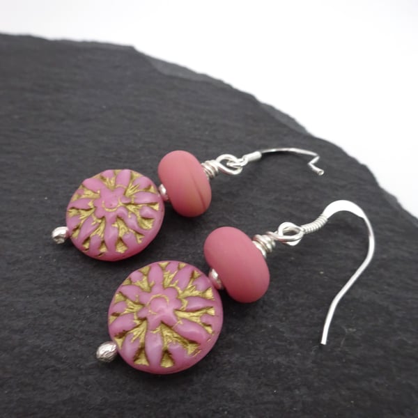 pink lampwork glass dahlia flower earrings
