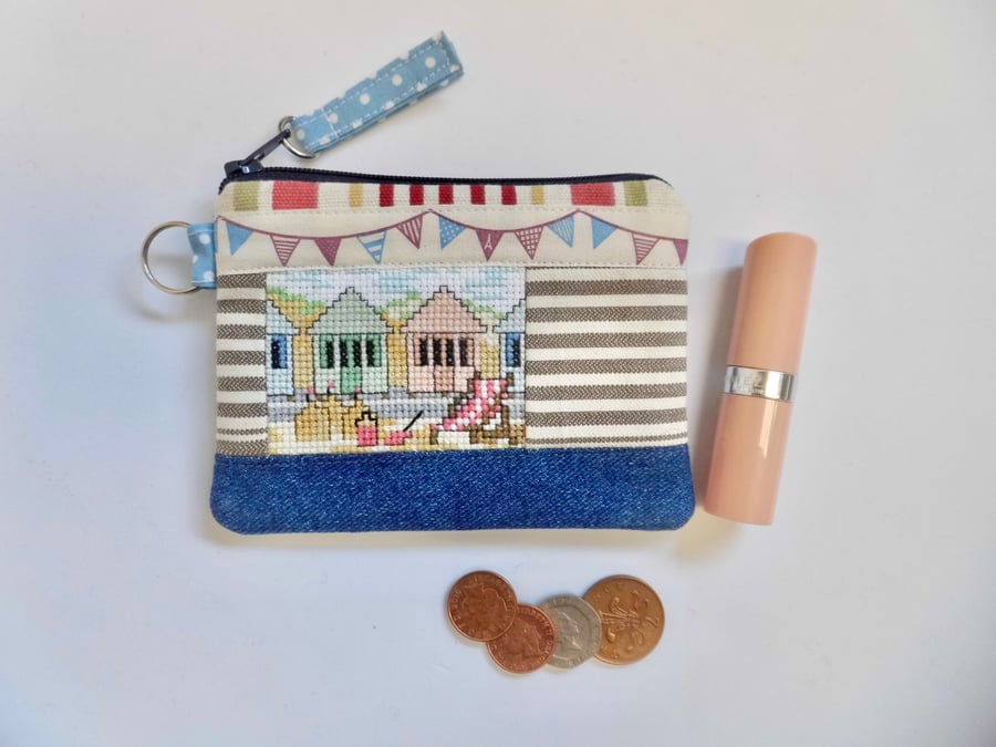 SOLD Coin purse with beach hut scene repurposed cross stitched