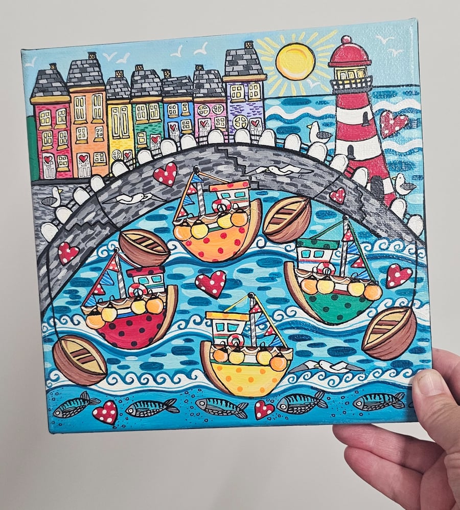 Colourful polkadot boats in a harbour square canvas painting