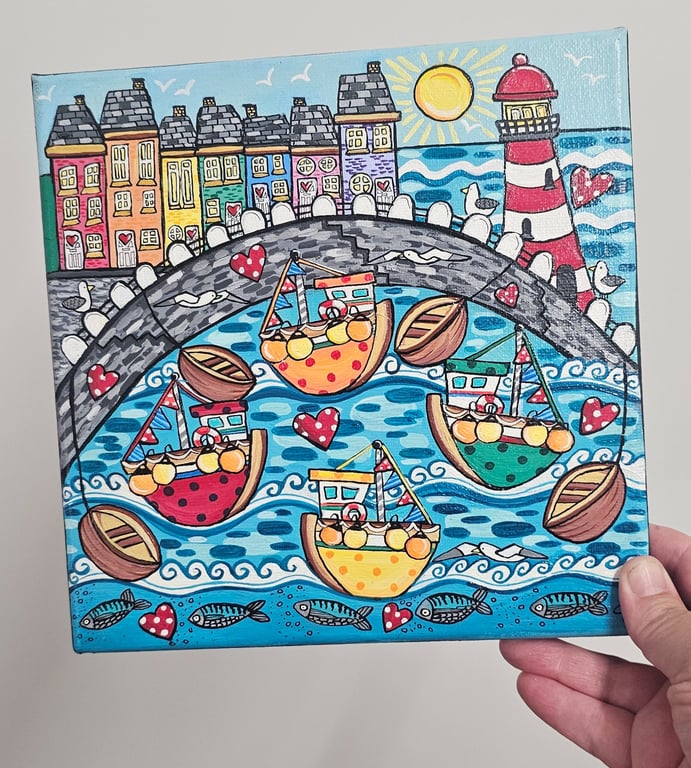 Colourful polkadot boats in a harbour square canvas painting