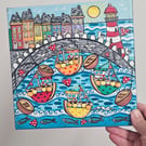 Colourful polkadot boats in a harbour square canvas painting