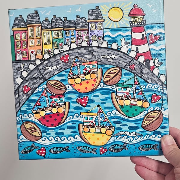 Colourful polkadot boats in a harbour square canvas painting