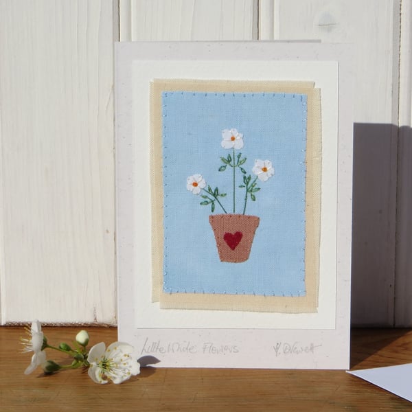 Miniature applique, Little White Flowers hand-stitched card, pretty and delicate