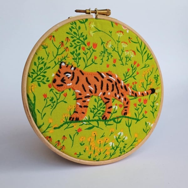 Embroidered picture hoop art - Tiger in the meadow nursery decoration