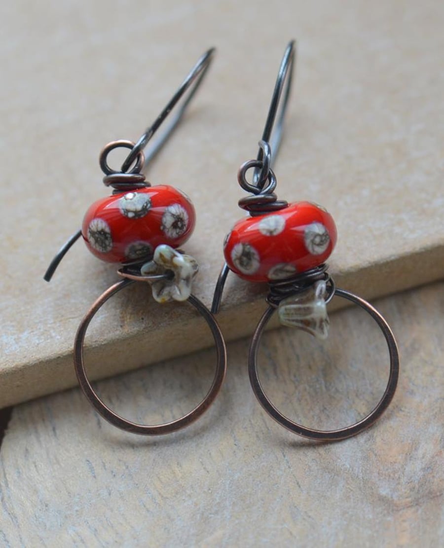 Copper Earrings with Red Polka Dot Lampwork Glass Beads