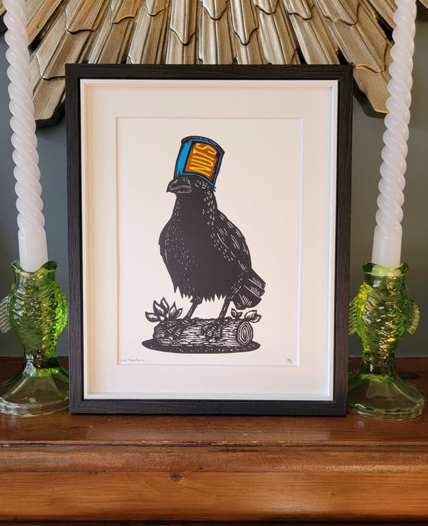 Lord Macadamia - handmade original linocut crow wearing a hat bird art print