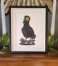 Lord Macadamia - handmade original linocut crow wearing a hat bird art print
