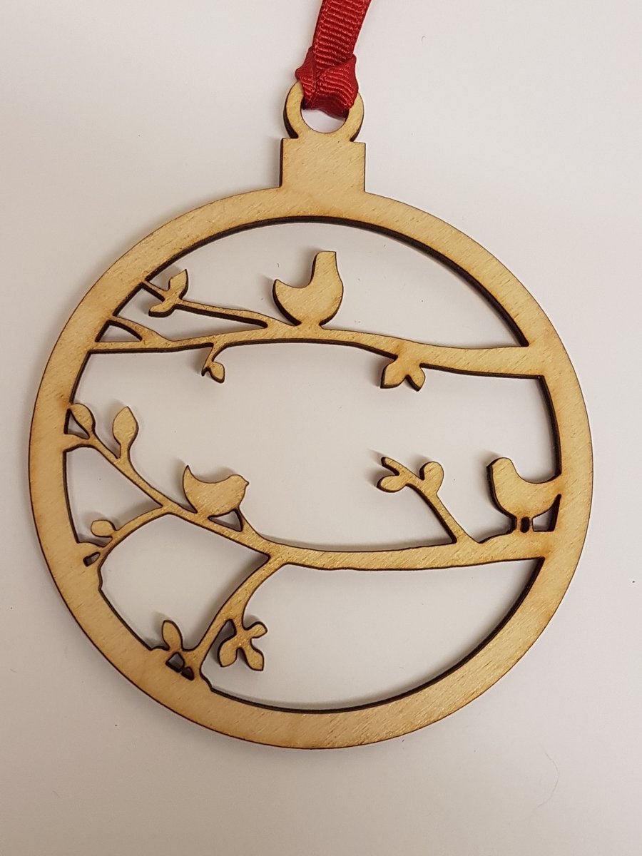 Birch Christmas Xmas Bauble 3 Birds on branches - Laser cut wooden shape