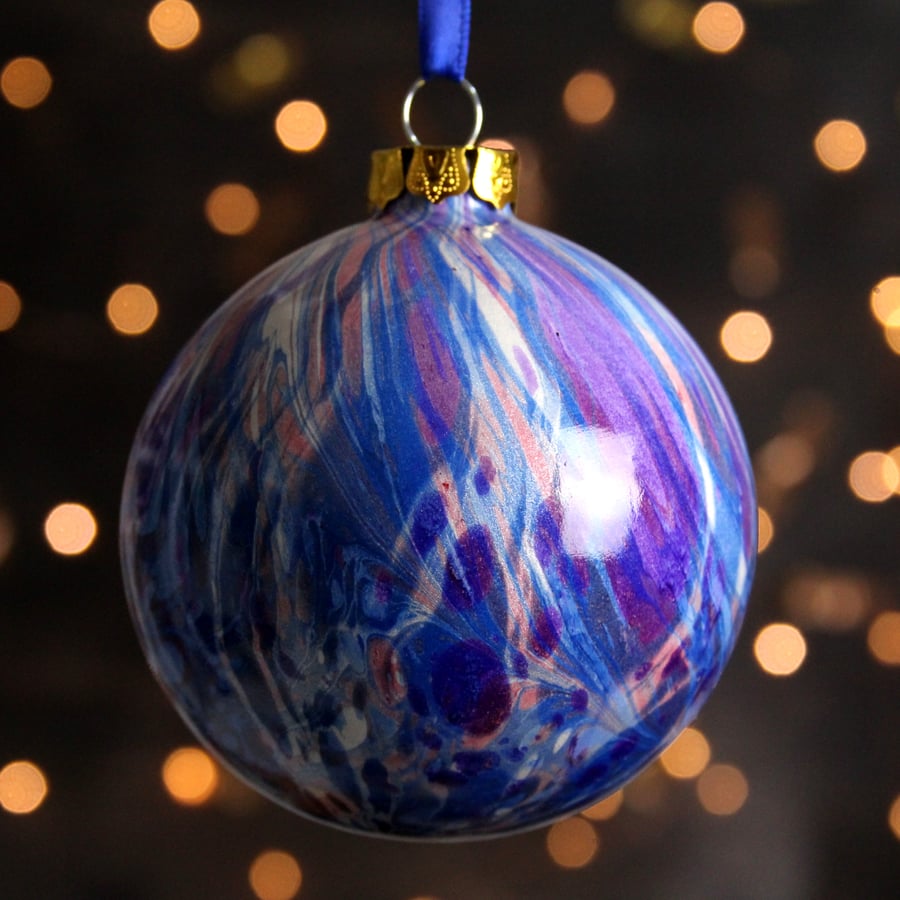 Blue red silver luxury double marbled ceramic Christmas bauble decoration