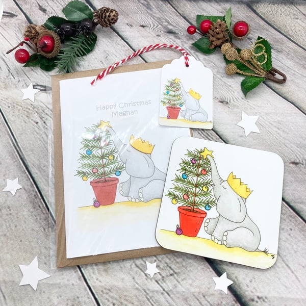 Christmas Tree Ellie Card, Gift Tag & Coaster Gift Set