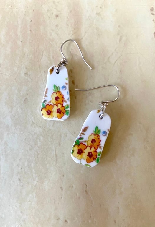 Pretty yellow floral up cycled vintage ceramic earrings 