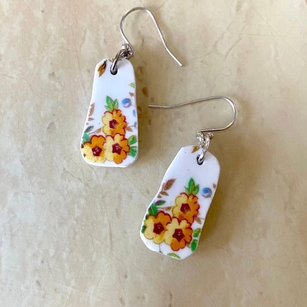 Pretty yellow floral up cycled vintage ceramic earrings 