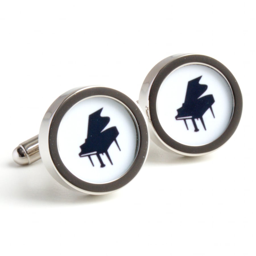 Grand Piano Cufflinks in Black and White Silhouette for Pianists and Musicians 