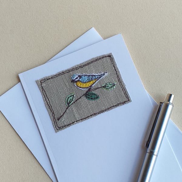 Greeting Card with Embroidered Blue tit