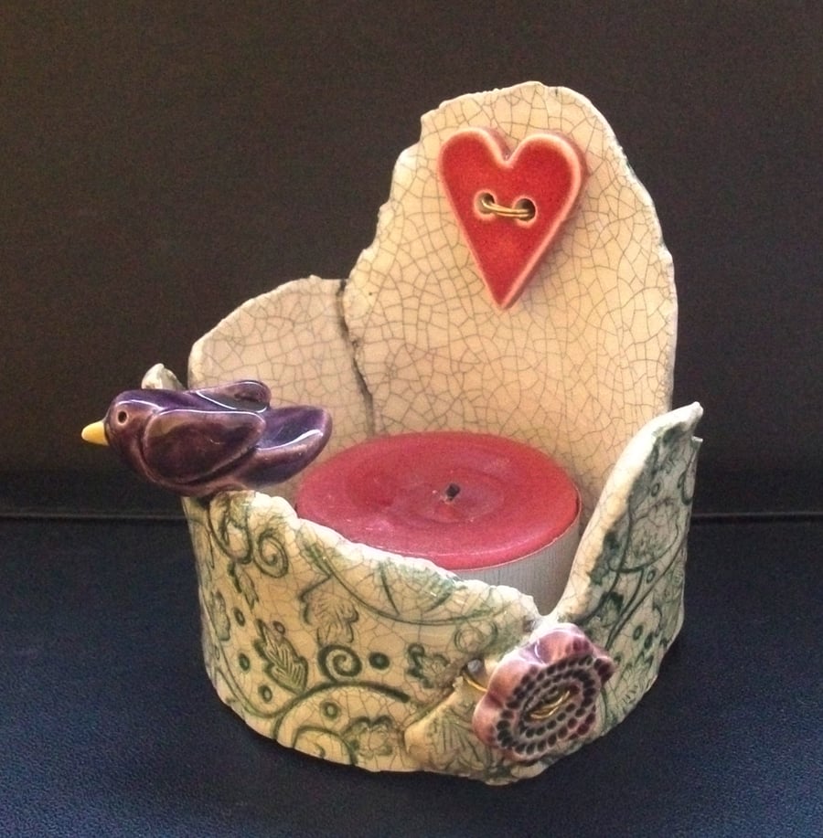 ceramic tea light holder with bird, heart and flower