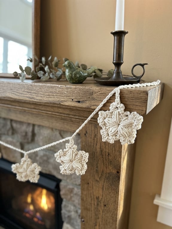 Handmade Crochet Snowflake Garland with Gold Accent 6ft