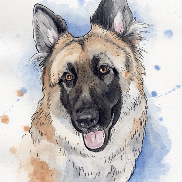 Custom "Splash" style Pet Portrait - A4, ink and watercolour