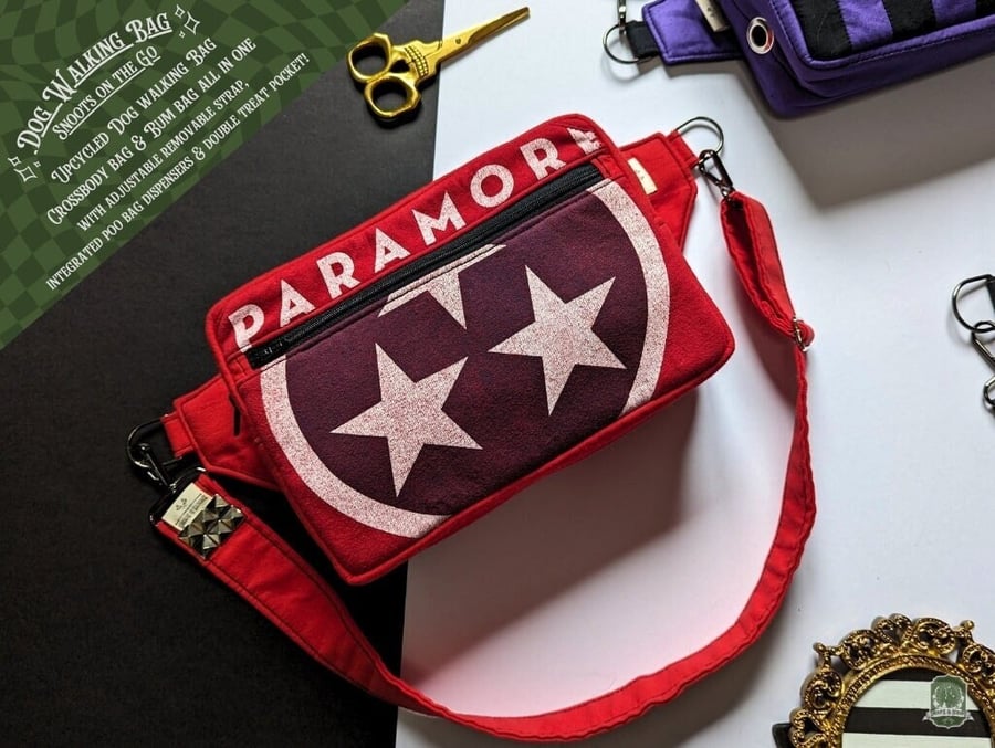 Dog Walking Bag Upcycled Paramore Band Tee Crossbody Bag Dog Walker Bum Bag with
