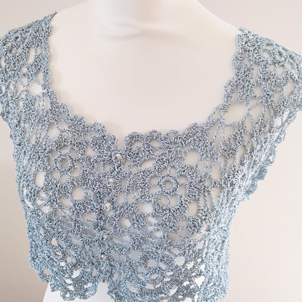 Crochet Boho Bridal Bolero in Ice Blue Sparkling Lurex Yarn