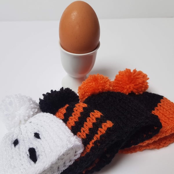 Hand-Knitted Halloween Egg Cosies with Pom Pom - Set of 4