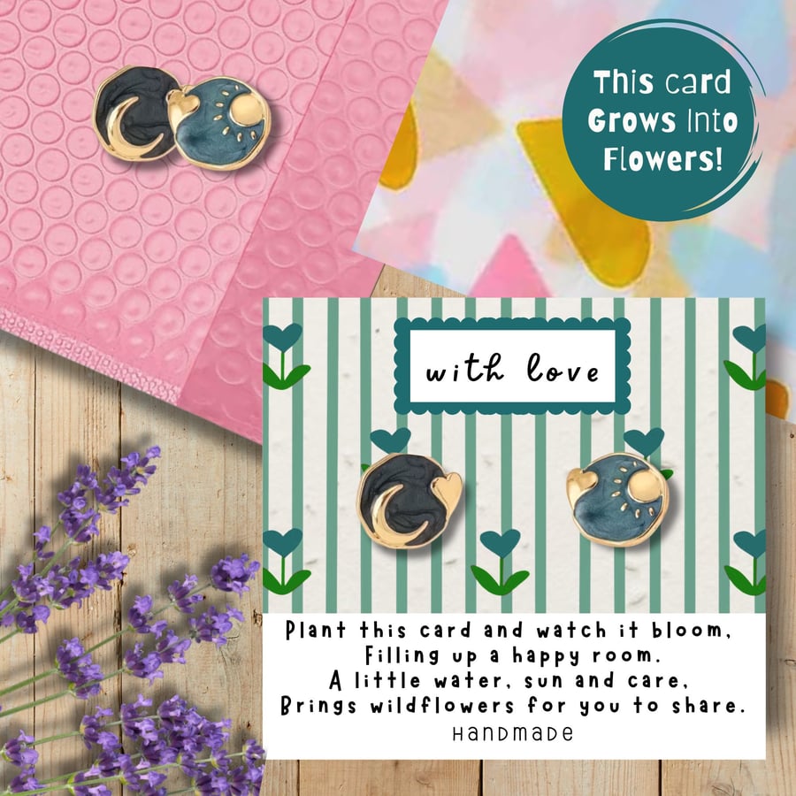 Sun & Moon Earring Set on a Plantable Card, Personalised Gift For Mum, Friend