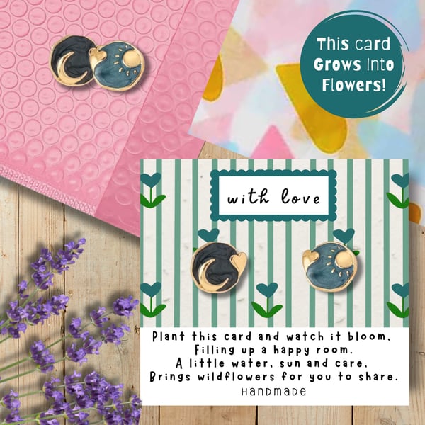 Sun & Moon Earring Set on a Plantable Card, Personalised Gift For Mum, Friend